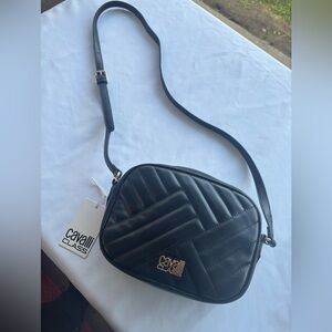 Cavalli Class Black Quilted Crossbody Bag with Gold Accent